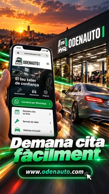Portada il·lustrada del Reel d’ODENAUTO que anuncia la nova web, amb un mòbil i el text «Demana cita fàcilment».